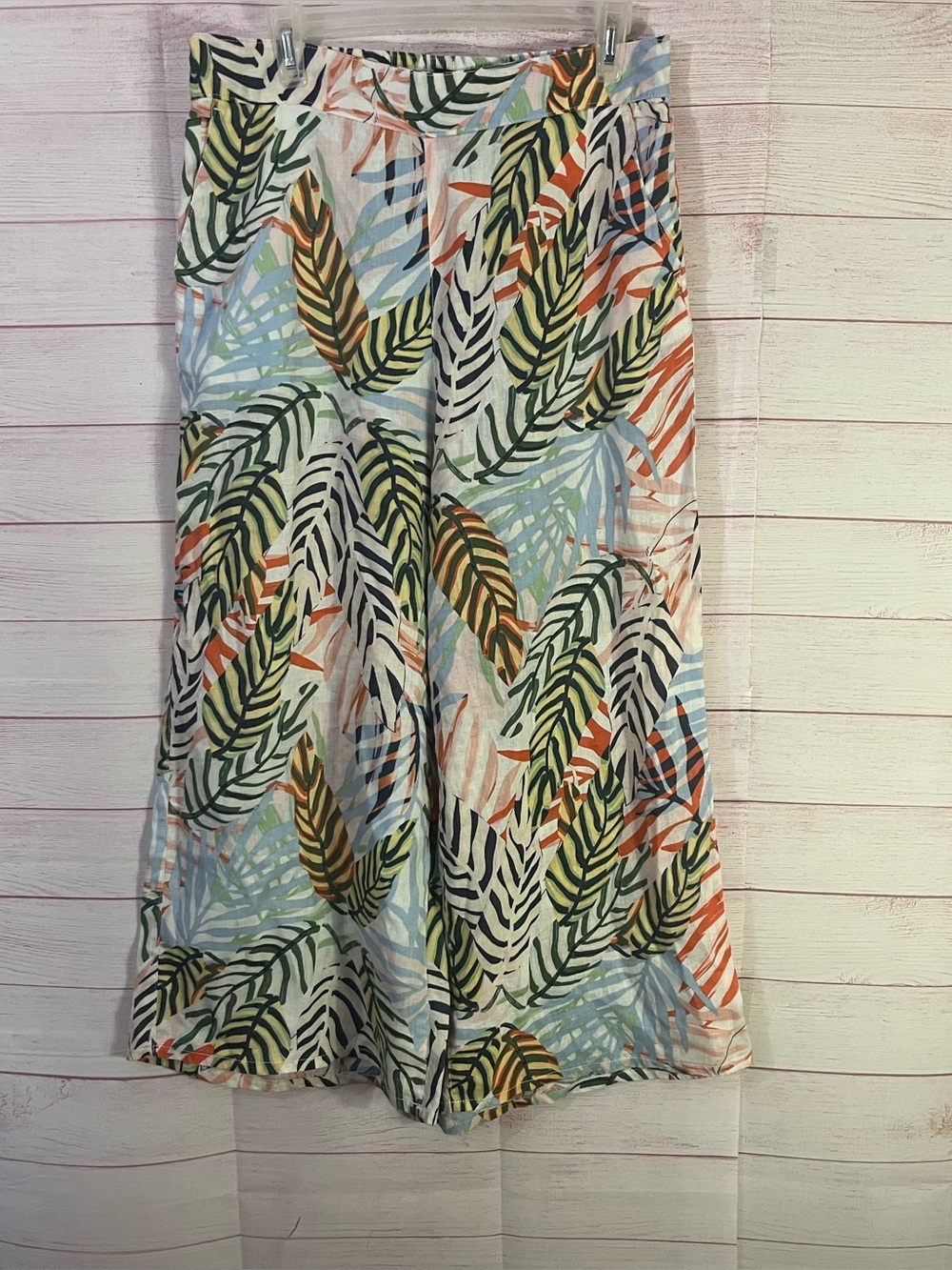Tahari 100% Linen Tropical Floral Print Wide Leg‎ Pull On Pants Size Large